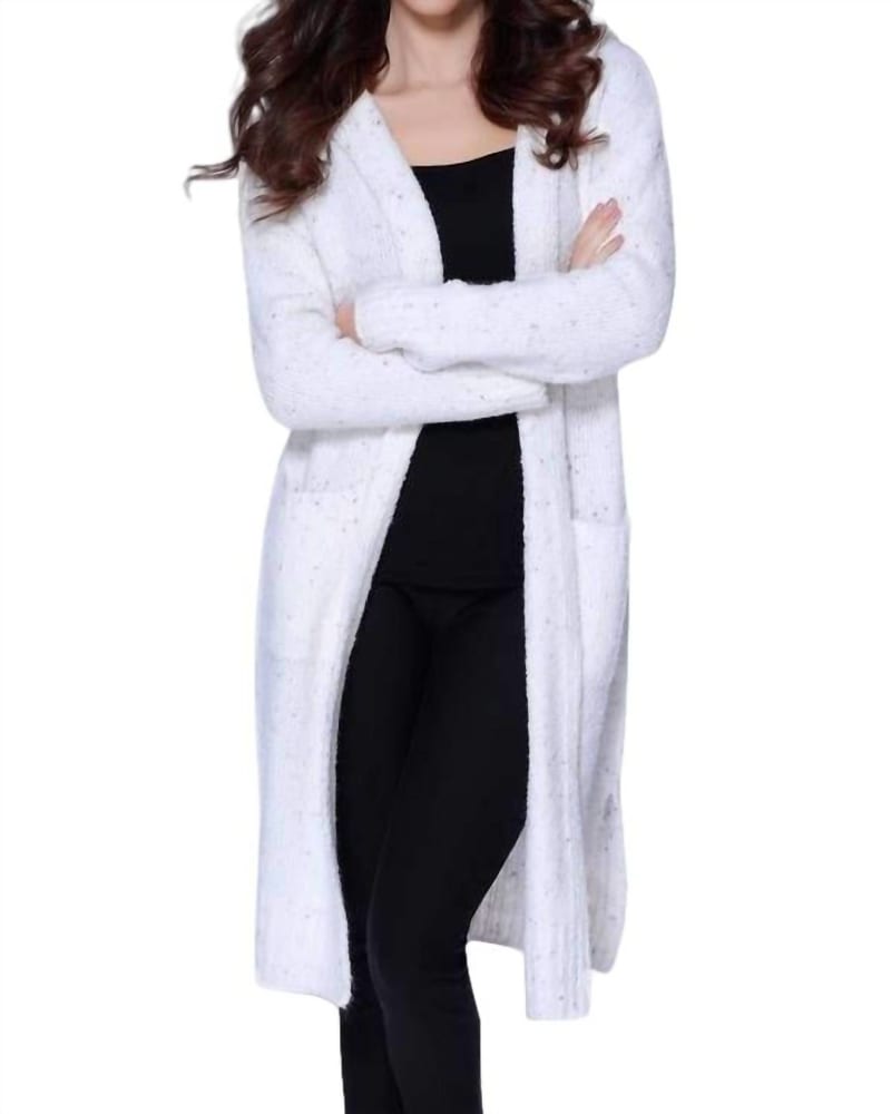 Front of a model wearing a size LG Arianna Long Hooded Cardigan W/ Pockets in Beige Multi in Beige Multi by french kyss. | dia_product_style_image_id:325873